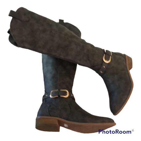 Woman’s tall gray fall knee high boots with gold trimming - Picture 1 of 13